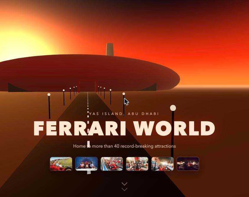 Ferrari World WebGL website built in Cursor, showing the scroll-driven Three.js approach to the red roof at sunset