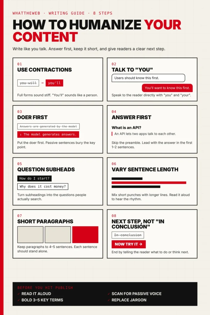 AEO content writing infographic listing 8 steps to humanize AI content, from using contractions to ending with a next step